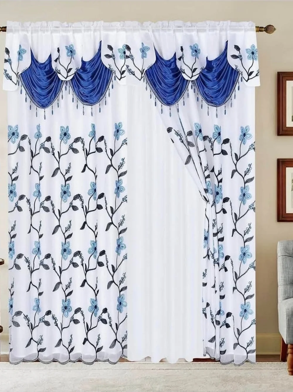 Elegant Green Floral Window Curtain Set - White & Sage
